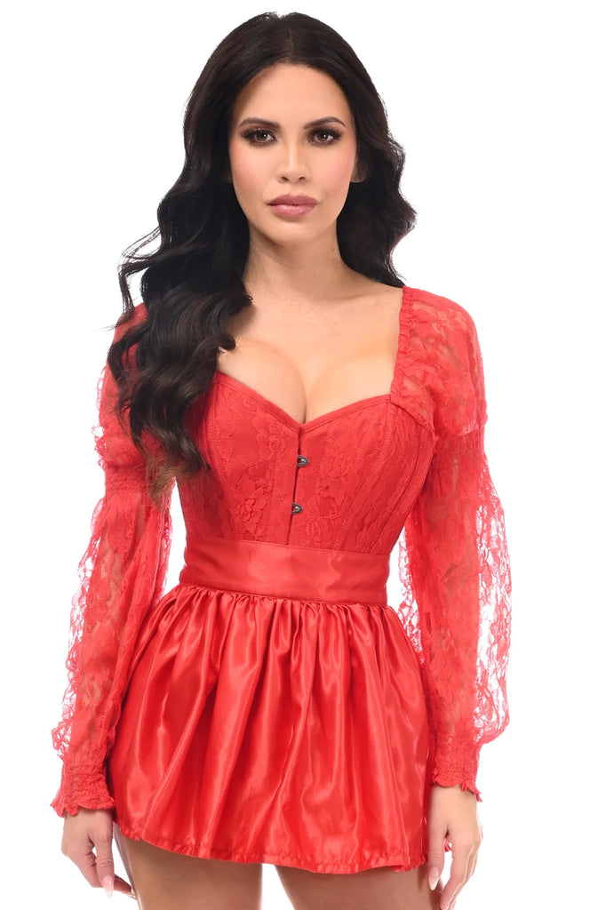 Daisy TD-077 Red w/Red Lace Steel Boned Long Sleeve Corset