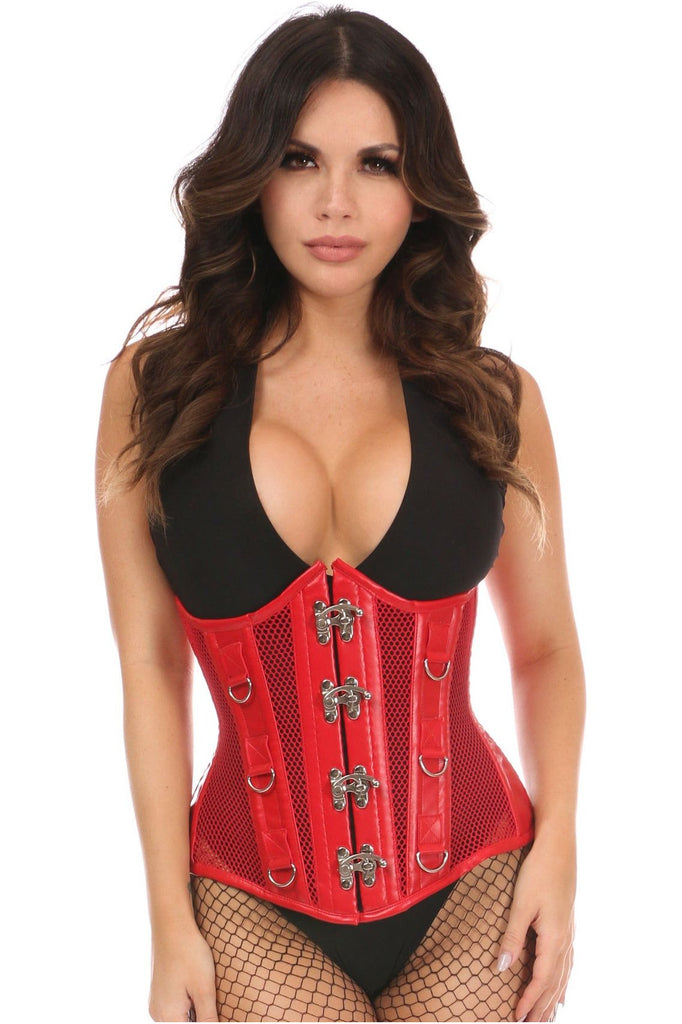 Daisy TD-1436 Red Faux Leather & Fishnet Steel Boned Under Bust Corset