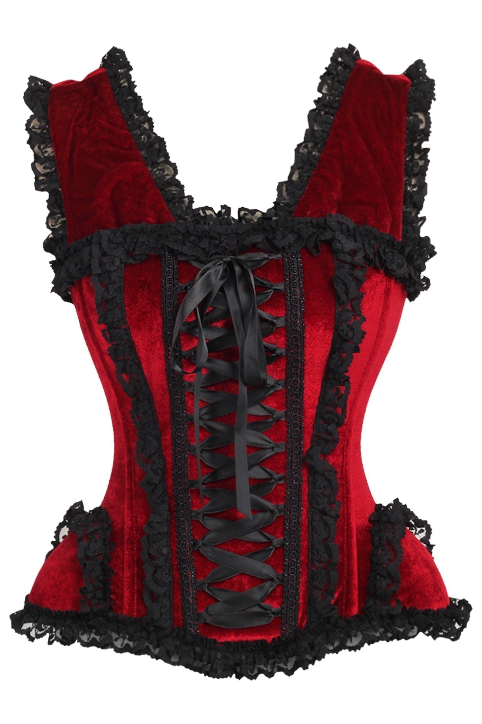 Daisy TD-183 Dark Red Velvet & Lace Steel Boned Corset w/Cap Sleeves