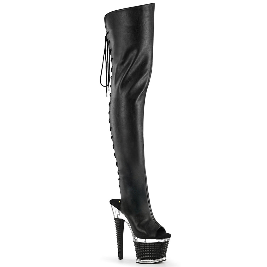 Pleaser Spectator-3030 Open Toe/Heel Lace-Up Back Thigh High Boot
