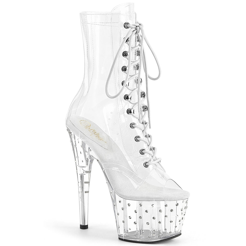 Pleaser Stardust-1021C-7 Clear Peep Toe Lace-Up Front Ankle Boot