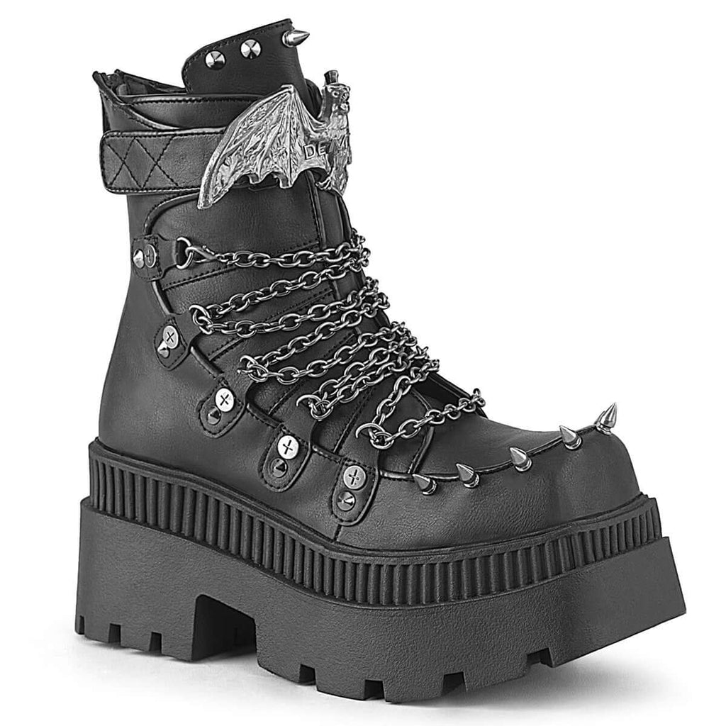 Demonia Wrath-55 Chunky Heel Ankle Boot W/Chain Details