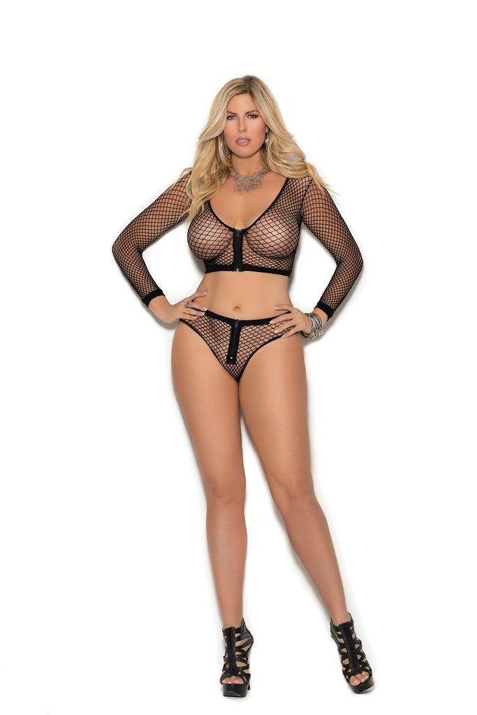 Elegant Moments Long Sleeve Fence Net Cami Top And Matching Booty Shorts  Plus Size EM1335Q