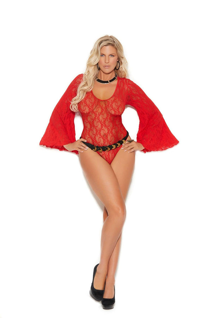 Elegant Moments Deep V Lace Teddy With Bell Sleeves And Keyhole Back Plus Size EM82301Q
