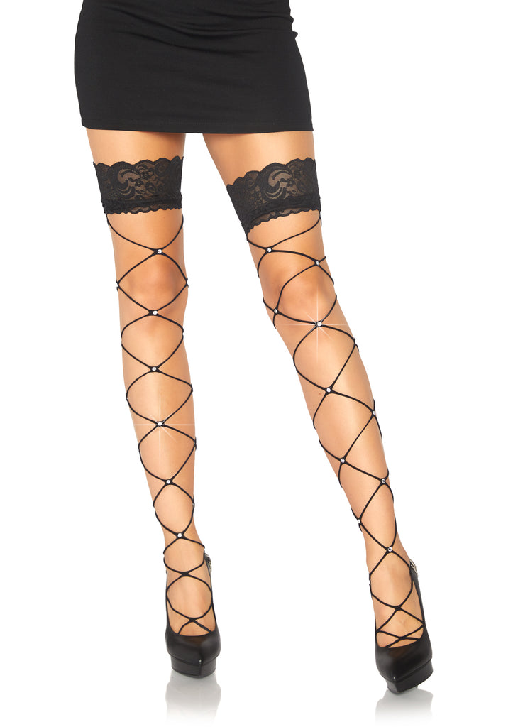 Leg Avenue  Crystalized Wide Net Lace Top Thigh Hi Stockings