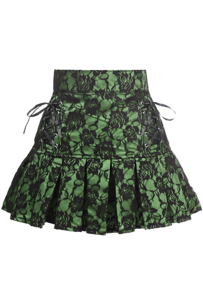 Daisy Green Satin w/Black Lace Overlay Lace-Up Skirt