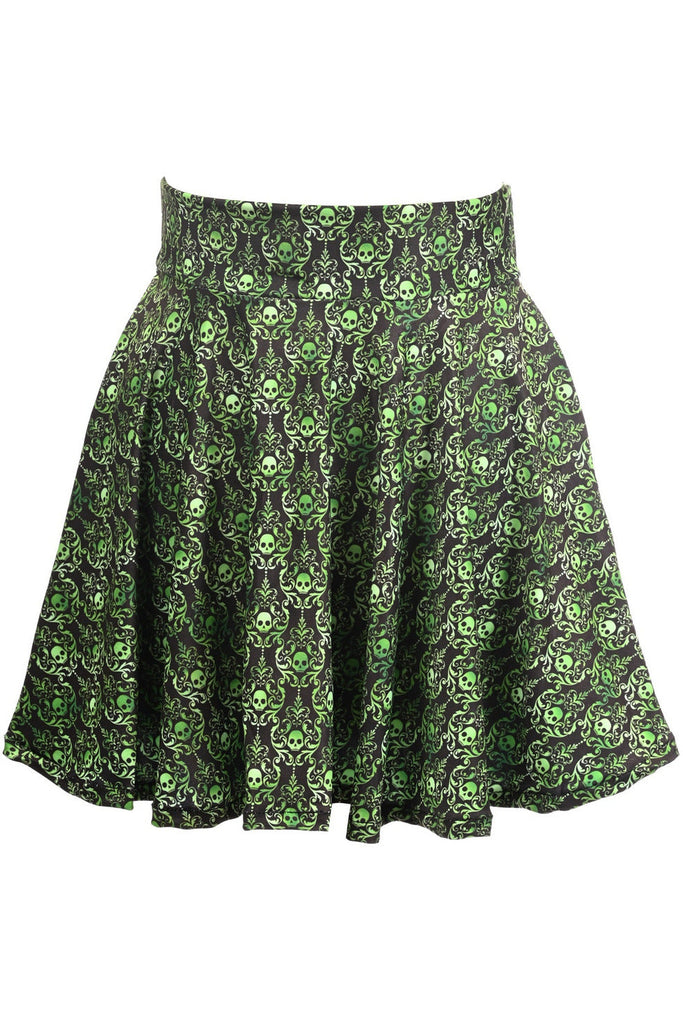 Daisy Green Skulls Gothic Print Stretch Lycra Skirt