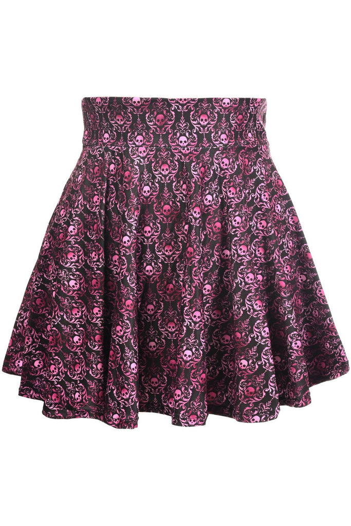 Daisy Purple Skulls Gothic Print Stretch Lycra Skirt
