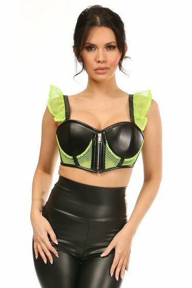 Daisy Neon Green Fishnet & Faux Leather Underwire Bustier Top w/Removable Ruffle Sleeves LV-1235