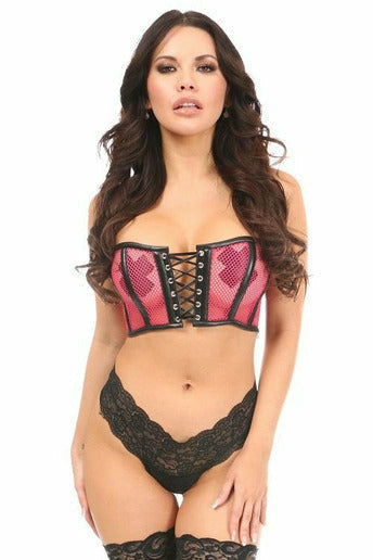 Daisy Hot Pink Fishnet & Faux Leather Lace-Up Short Bustier Top LV-922