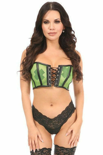 Daisy Neon Green Fishnet & Faux Leather Lace-Up Short Bustier Top LV-924