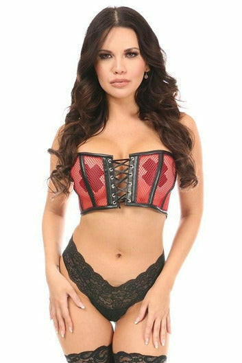 Daisy Red Fishnet & Faux Leather Lace-Up Short Bustier Top LV-925