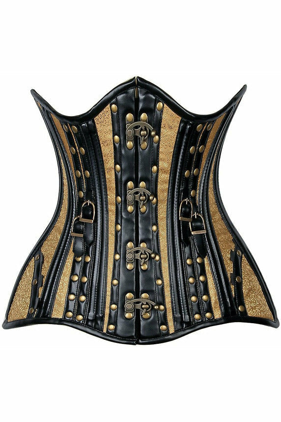 Daisy Faux Leather & Gold Brocade Steel Boned Under Bust Corset TD-1088