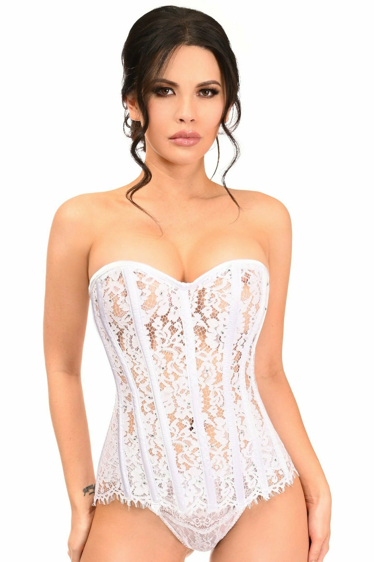 Daisy White Lace Steel Boned Corset w/Rhinestones TD-139