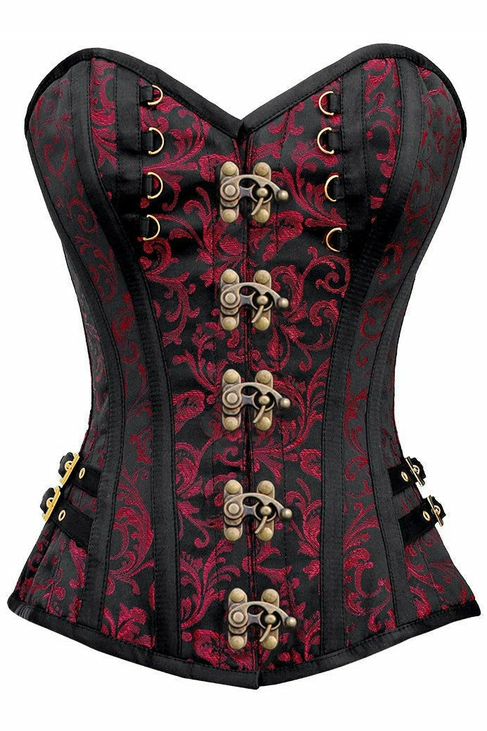 Daisy Black/Red Swirl Brocade Steel Boned Overbust Corset w/Buckles TD-1822