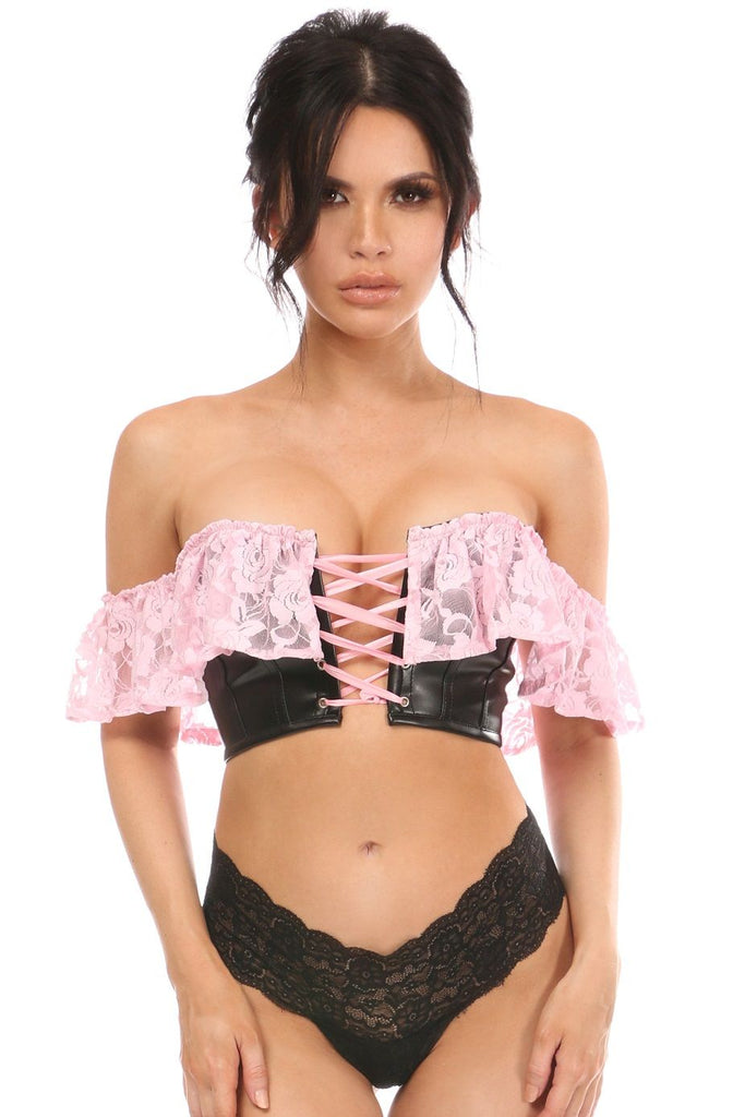 Daisy Lt Pink Lace & Faux Leather Bustier Top LV-1167