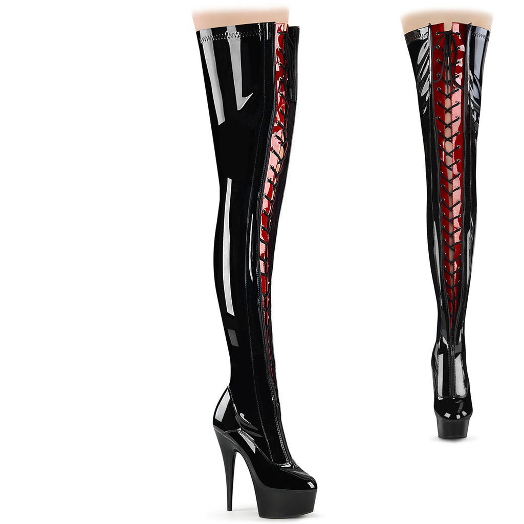 Pleaser Delight-3027 Two Tone Lace-Up/Zip-Up Thigh High Boot