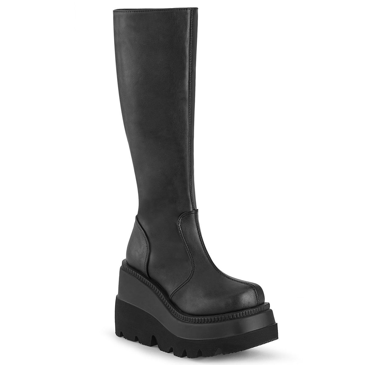 Demonia Shaker-100 Stacked Wedge Platform Knee High Boot