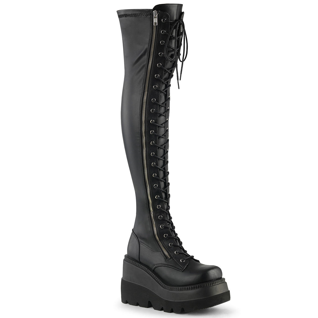Demonia Shaker-374 Lace-Up Stretch Thigh-High Boot