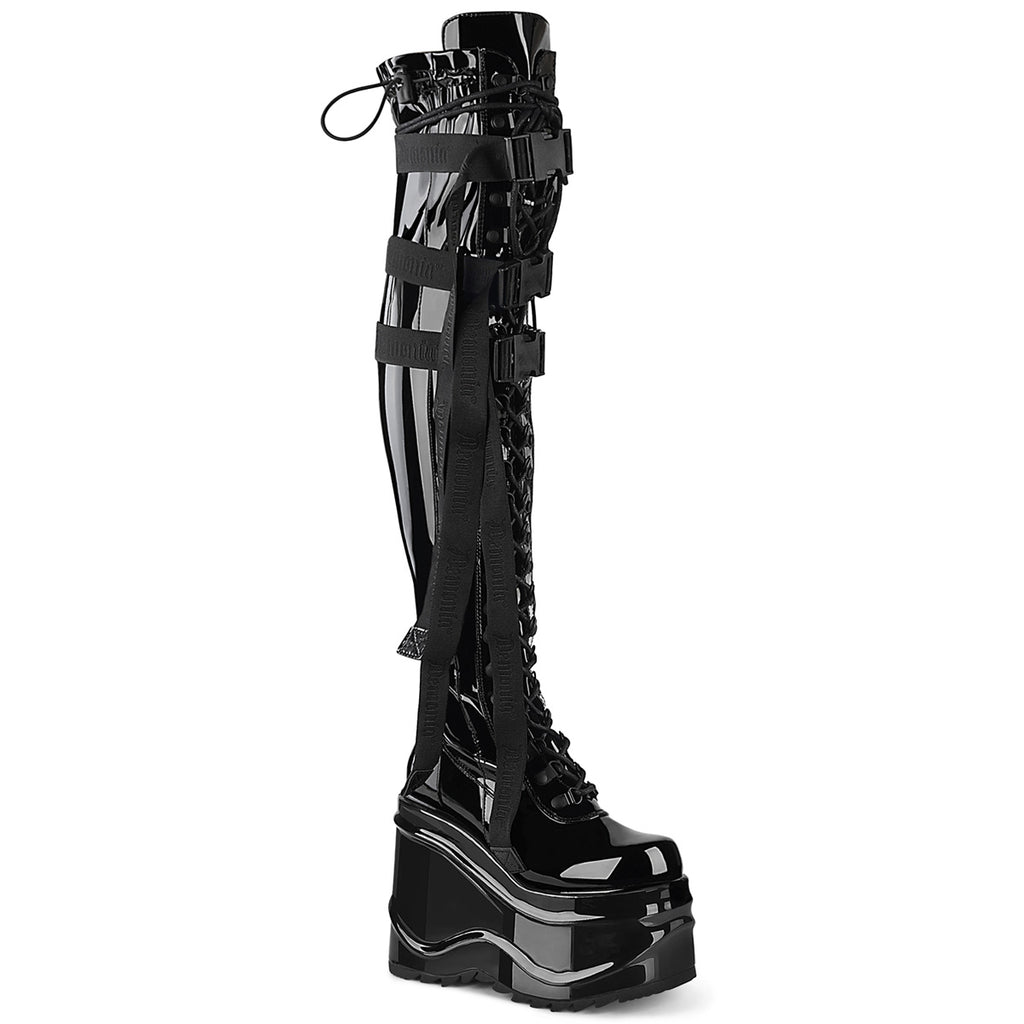Demonia Wave-315 Lace-Up Stretch Thigh High Boot